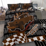 A bedding set featuring a custom truck-themed print, including a duvet cover and two matching pillowcases, displayed on a bed in a modern bedroom setting.