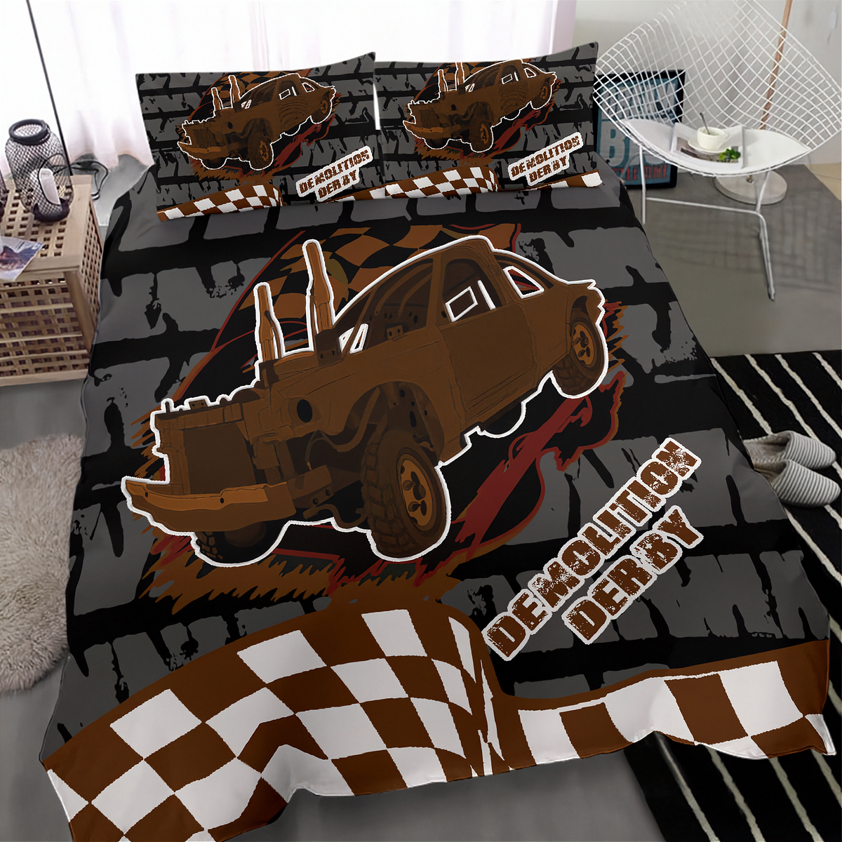 A bedding set featuring a custom truck-themed print, including a duvet cover and two matching pillowcases, displayed on a bed in a modern bedroom setting.