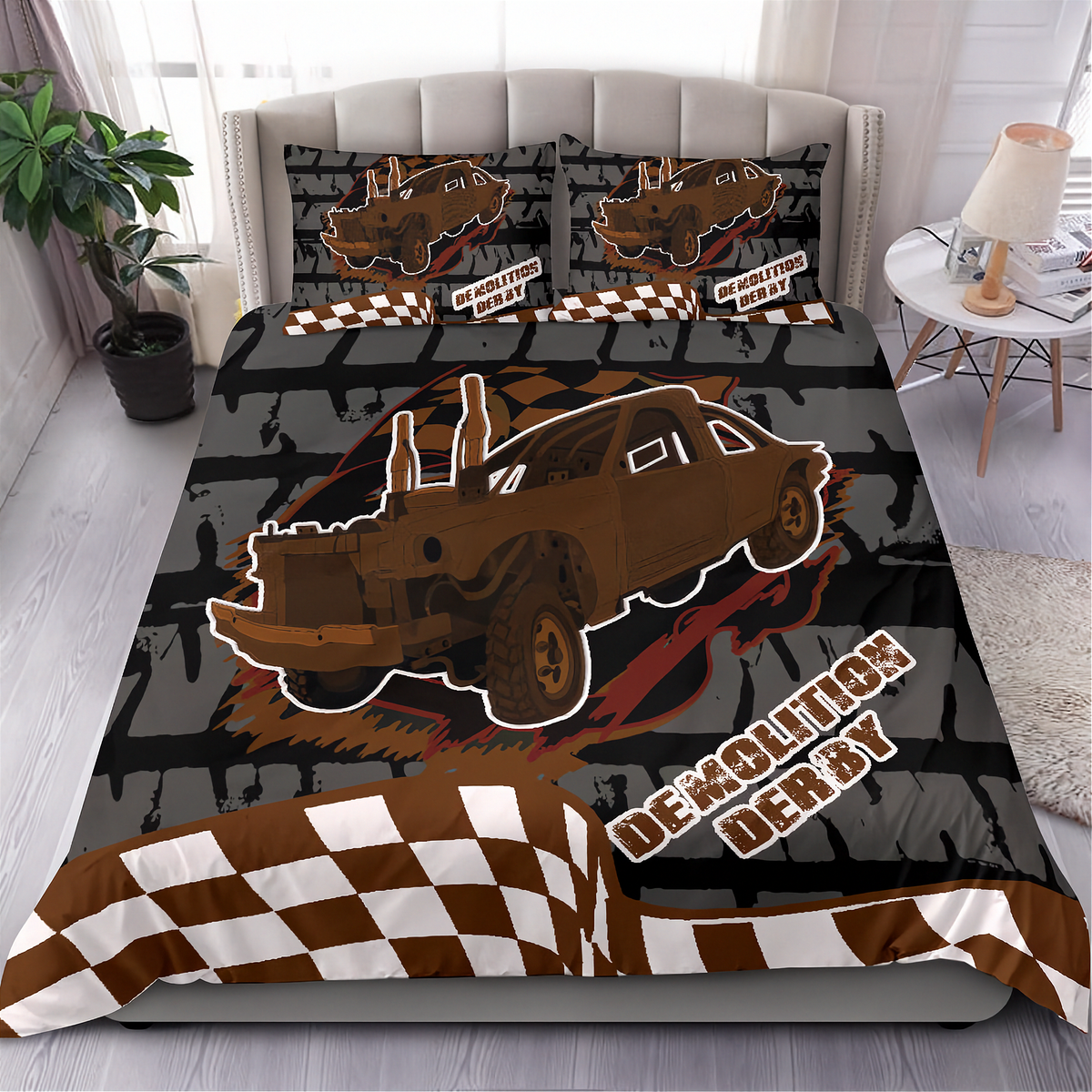 A bed dressed in a custom 'Demolition Derby' themed bedding set, featuring a large brown muscle car graphic, checkered flag patterns, and 'DEMOLITION DERBY' text on a dark gray background. The set includes a comforter and two matching pillowcases, shown in a styled bedroom setting.