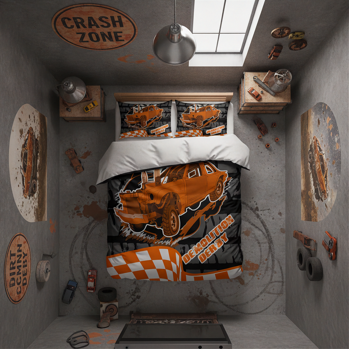 A styled bedroom scene showing a bed dressed in an orange and black racing-themed bedding set, with matching pillows, concrete-style walls, wall decals, toy cars, and industrial decor in a garage-like room.
