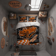 A styled bedroom scene showing a bed dressed in an orange and black racing-themed bedding set, with matching pillows, concrete-style walls, wall decals, toy cars, and industrial decor in a garage-like room.
