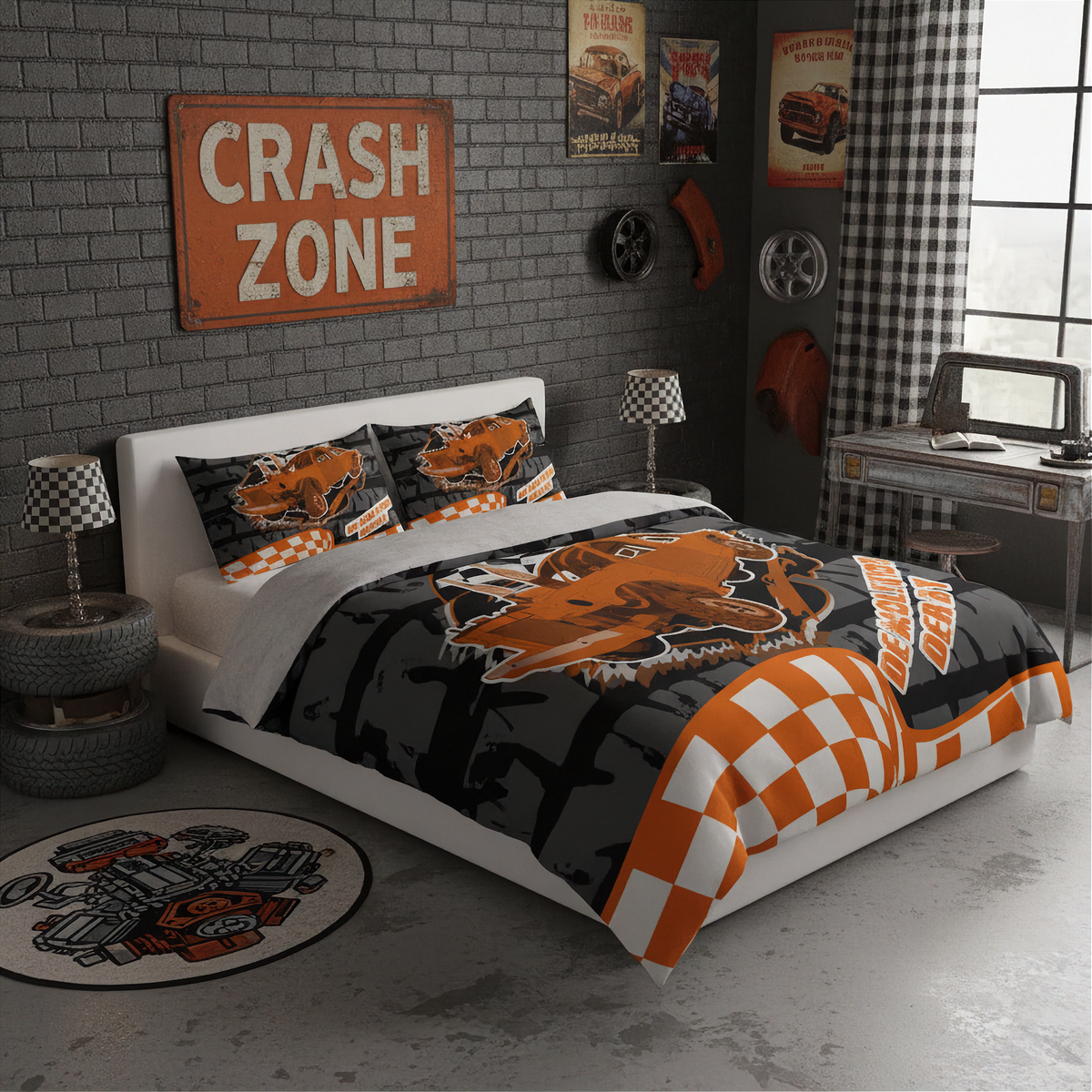 A racing-themed bedding set with a duvet cover and two pillowcases, styled on a bed in a modern, dark gray garage-themed bedroom. The bedding features a large orange race car graphic on a dark gray background, orange and white checkered accents, and a checkered lampshade and rug.