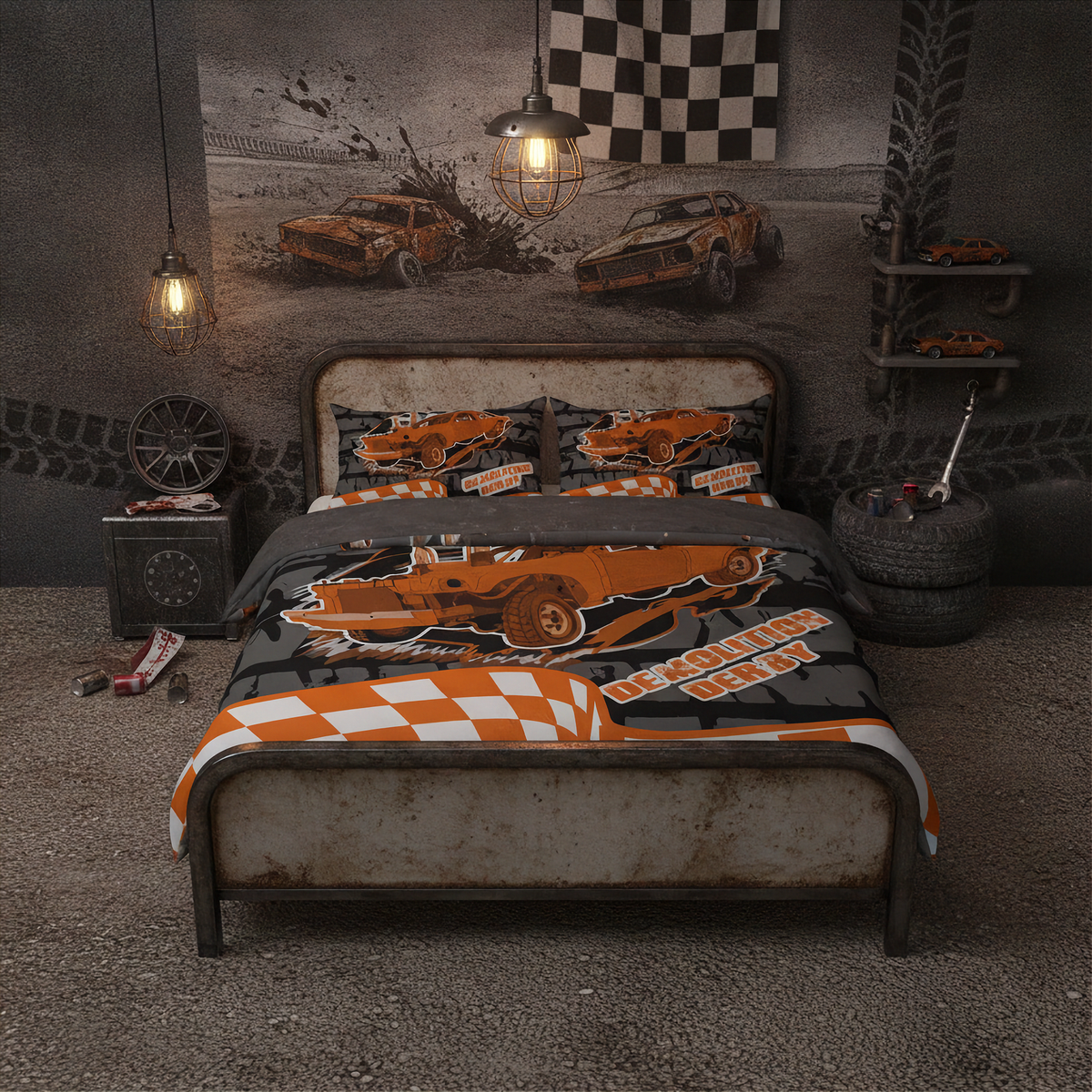 A racing-themed bedding set displayed on a bed in a styled room. The set includes a comforter and two matching pillowcases featuring orange race cars, a checkered flag pattern, and the words 'Demolition derby'.