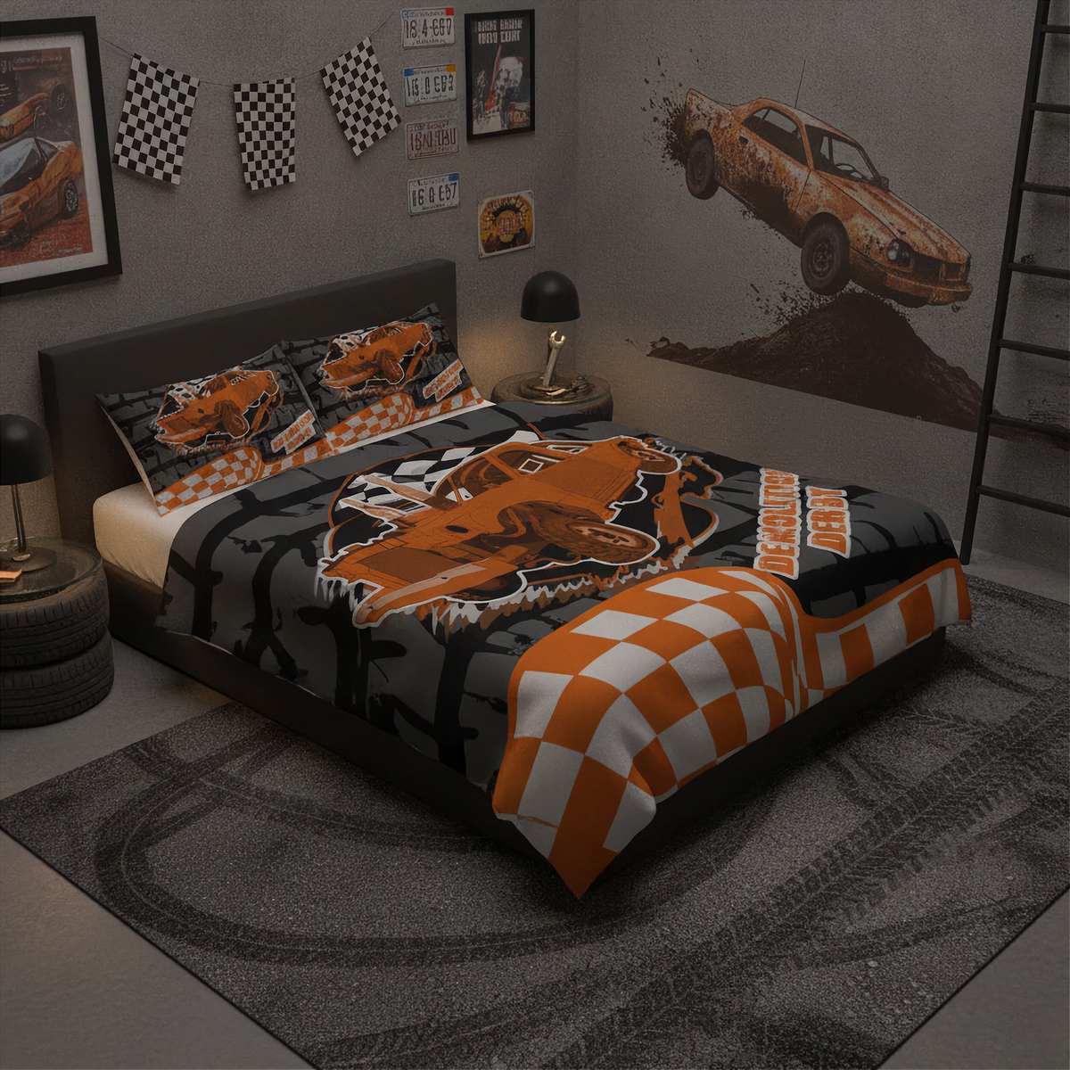 A bed dressed in a racing-themed bedding set with orange, black, and white graphics, including a checkered blanket corner and matching pillowcases, shown in a styled bedroom with car wall art and racing decor.