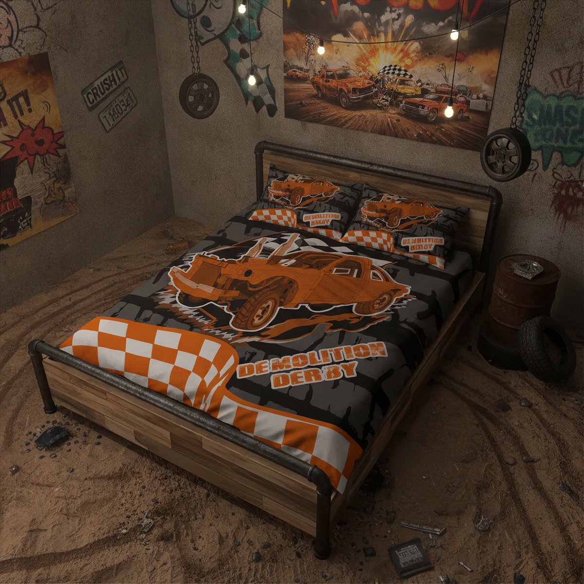 A bed dressed in an orange, black, and white demolition derby themed bedding set, styled in a gritty, industrial-themed bedroom with concrete walls, tires, and racing posters.