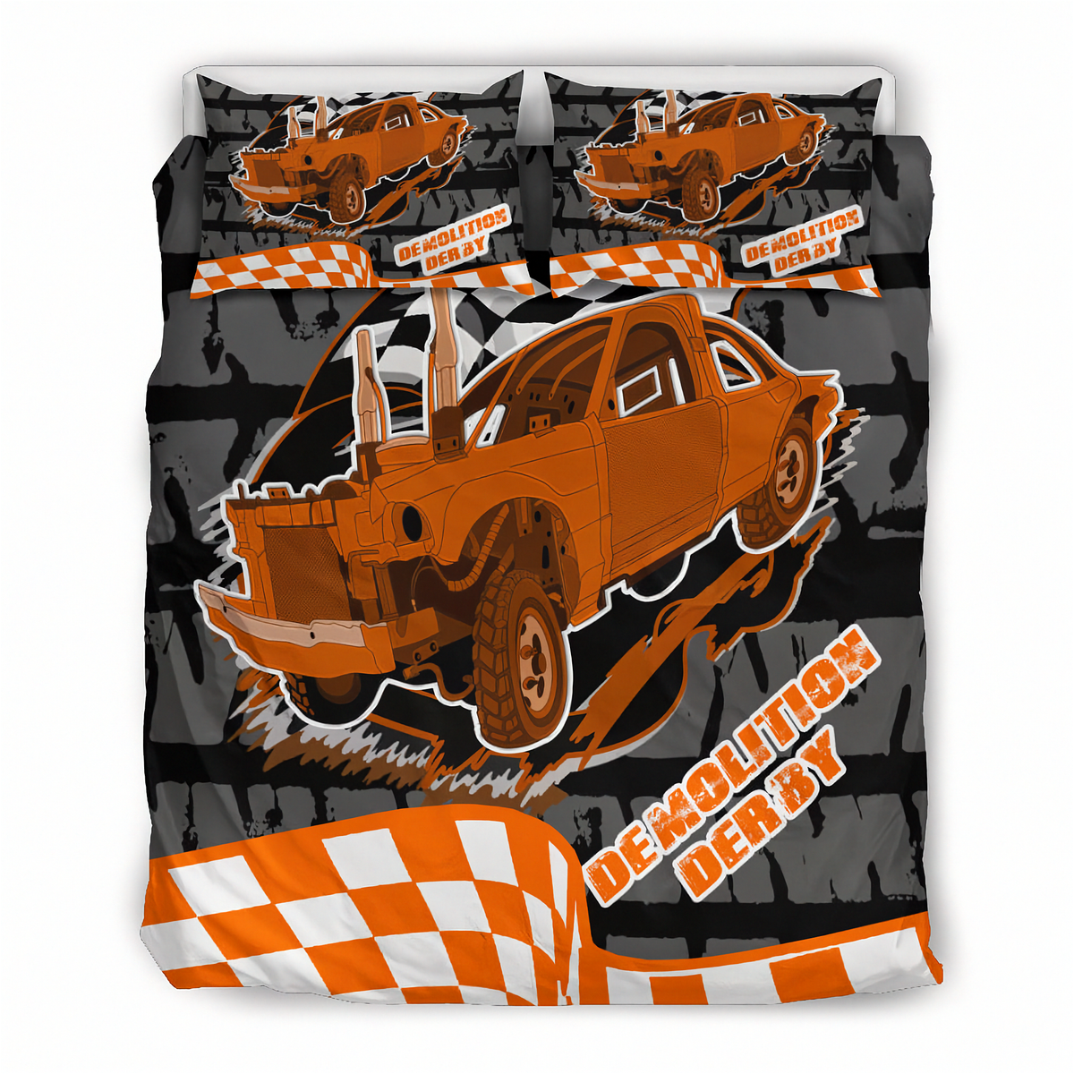 A bedding set featuring a duvet cover and two matching pillowcases with a 'Demolition Derby' racing graphic. The design showcases an orange race car in mid-air with a checkered flag motif and a dark gray distressed background.