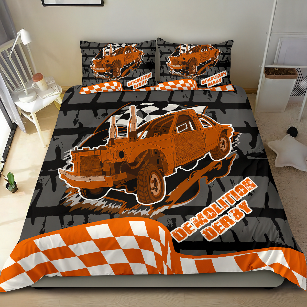 A bed dressed in a racing-themed bedding set featuring an orange race car graphic, black and gray checkered patterns, and orange-and-white checkered accents, shown in a bedroom setting.
