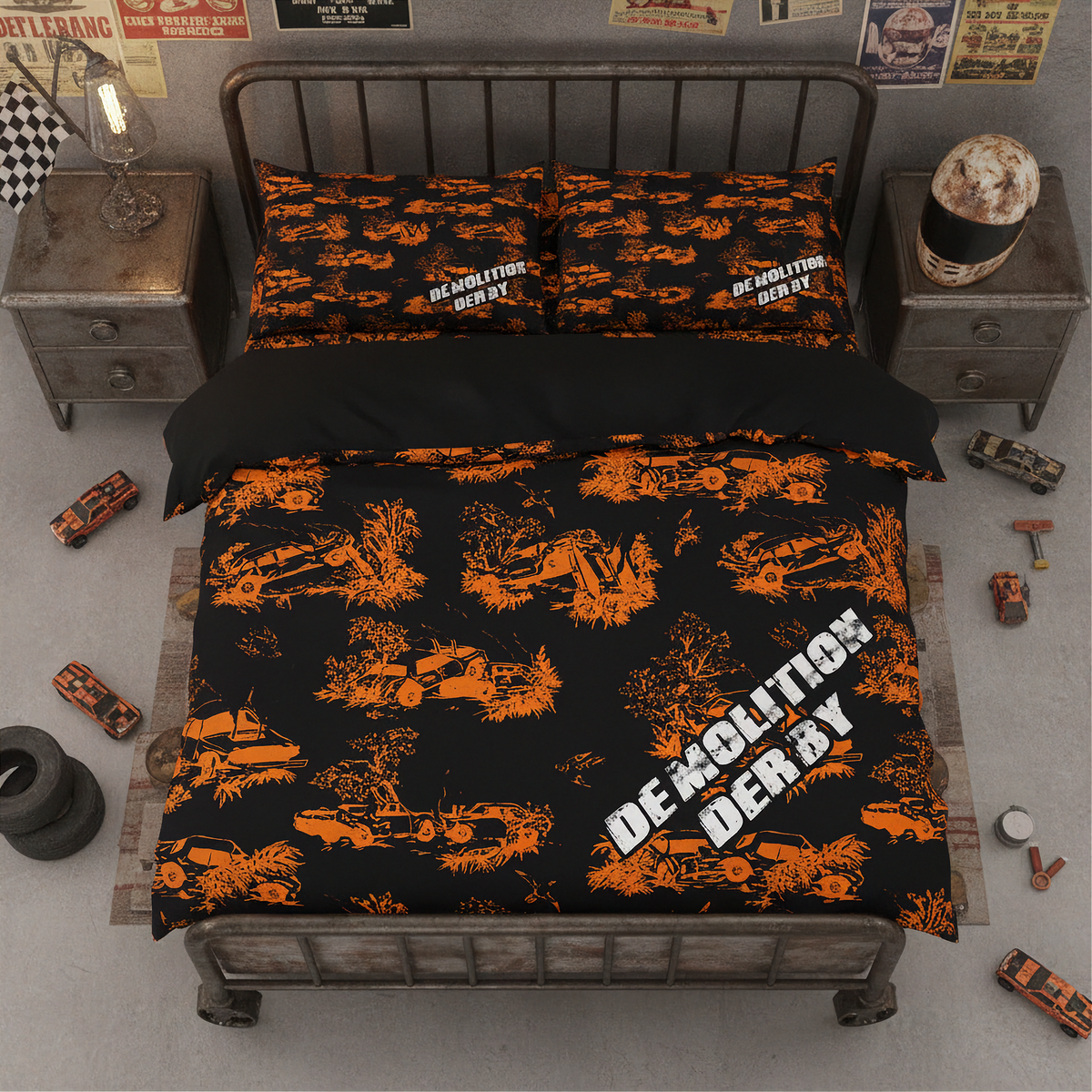 A bed dressed in a black and orange DeMOLITION DERBY themed bedding set, featuring a duvet cover and two pillowcases with a pattern of orange excavators and tanks on a black background, styled in a rustic, industrial bedroom setting.