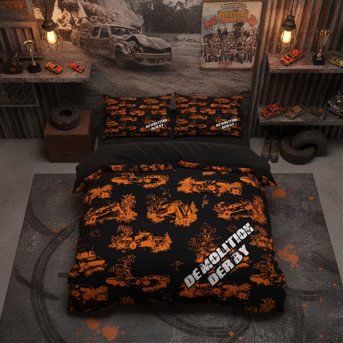 A bed dressed in a black and orange racing-themed bedding set with tank prints and 'DEMOLITION DERBY' text, styled in a rustic workshop-like bedroom with racing decor and shelves.