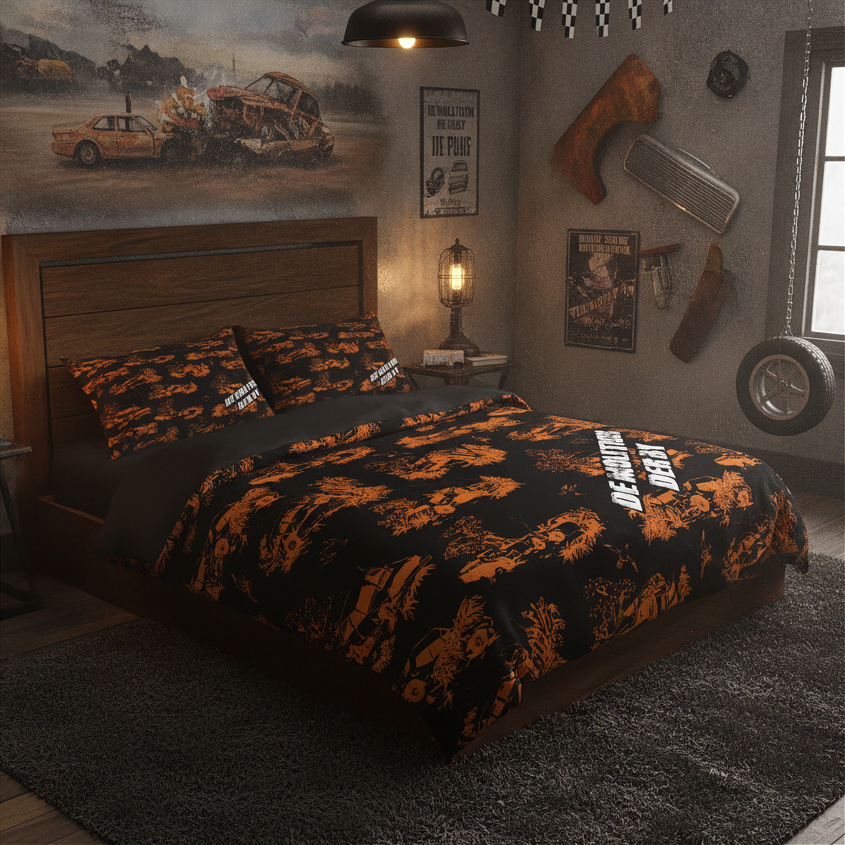 A bed dressed in a black and orange distressed racing-themed bedding set, styled in a rustic, garage-washed bedroom with racing posters, a wall lamp, and a tire decoration.