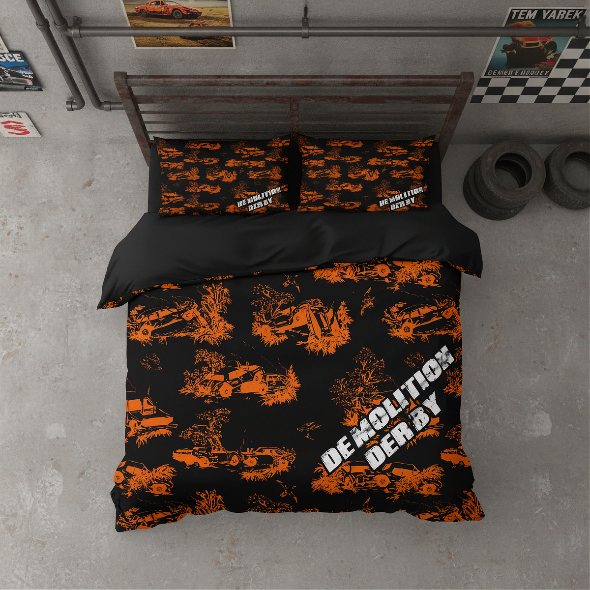 A top-down view of a bed dressed in a black and orange camouflage-patterned bedding set with the words 'DEMOLITION DERBY' printed on the duvet. The room has a concrete floor and industrial-style wall decor.