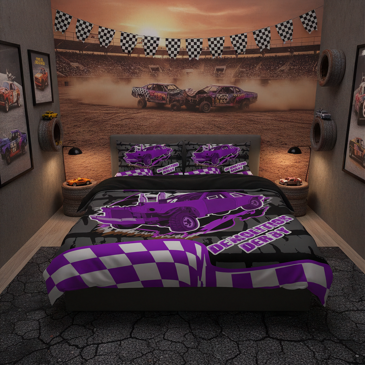A racing-themed bedding set displayed on a bed in a styled bedroom. The set includes a comforter and two matching pillowcases featuring a purple and black graphic of a race car with 'DEMOLITION DERBY' text, set against a black and white checkered pattern on the lower section.