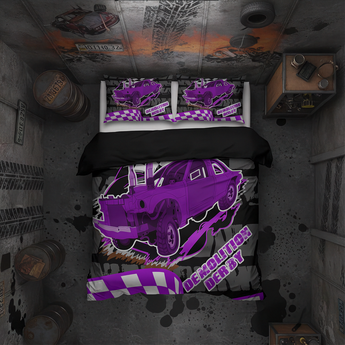 A top-down view of a bed dressed in a purple and black car-themed bedding set, placed in a dark, industrial-themed bedroom with barrels, a workbench, and a car mural on the ceiling.