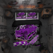 A top-down view of a bed dressed in a purple and black car-themed bedding set, placed in a dark, industrial-themed bedroom with barrels, a workbench, and a car mural on the ceiling.