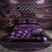 A racing-themed bedroom set featuring a bed with a purple and black checkered duvet cover and matching pillowcases, a matching round rug, and a wall mural depicting a race track with purple race cars.