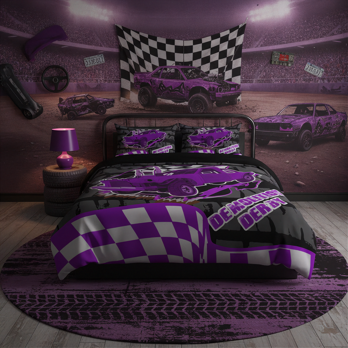 A racing-themed bedroom set featuring a bed with a purple and black checkered duvet cover and matching pillowcases, a matching round rug, and a wall mural depicting a race track with purple race cars.