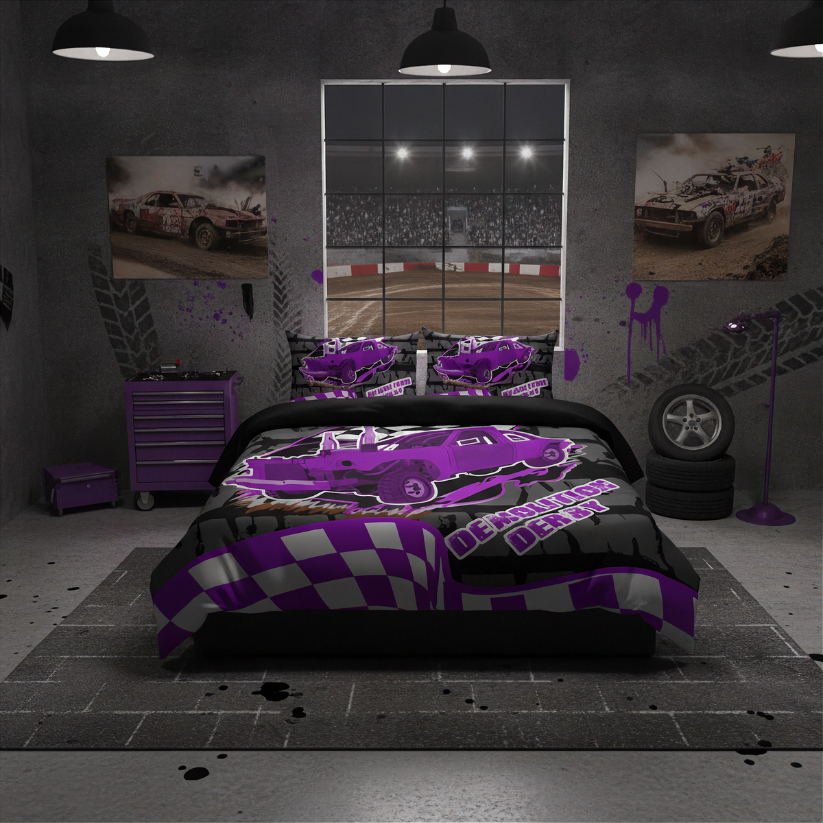 A racing-themed bedding set displayed on a bed in a dark, industrial-style bedroom. The set features a duvet cover and matching pillowcases with a purple and black checkered pattern, a large purple race car graphic, and the text 'RACE LIKE YOUR LIFE DEPENDS ON IT'.