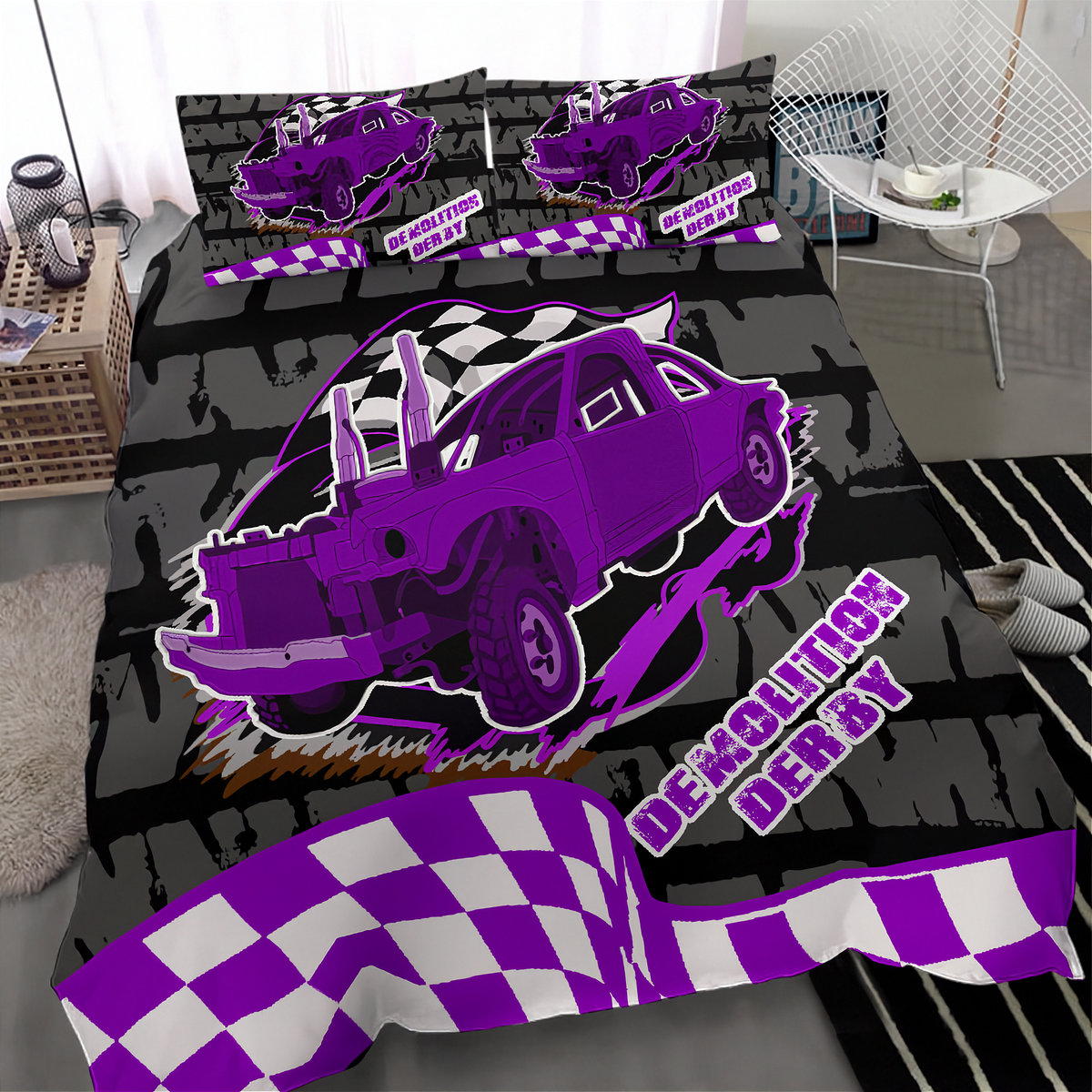 A racing-themed bedding set displayed on a bed in a styled bedroom. The set includes a comforter and two matching pillowcases featuring a red and black checkered pattern, a large red race car graphic, and 'VICTORY LANE' and 'demolition derby' text, set against a gray and black camouflage background.