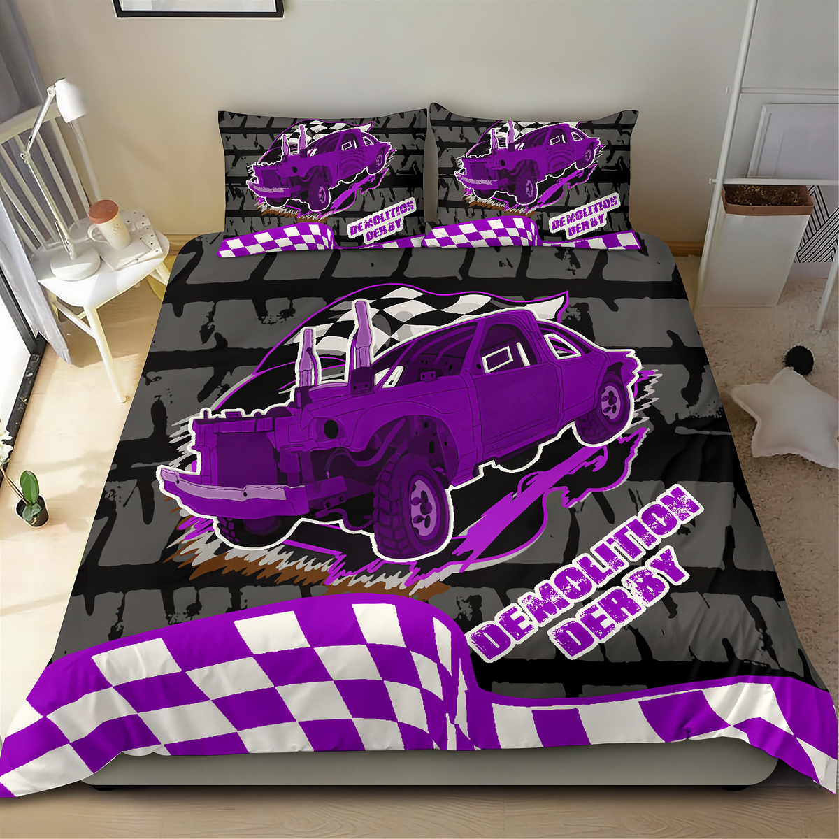 A racing-themed bedding set featuring a red, black, and gray checkered pattern with a large red race car graphic, styled on a bed in a dark gray modern bedroom.