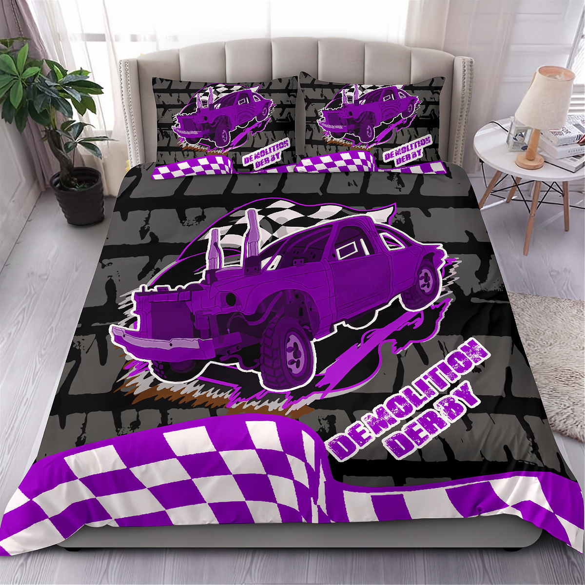 A racing-themed bedding set featuring a red and black checkered pattern, a red race car graphic, and 'DEMOLITION DERBY' text, styled on a bed in a rustic industrial bedroom setting.