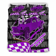 A bedding set featuring a duvet cover and two matching pillowcases with a purple demolition derby car graphic on a black and gray background with checkered racing stripes and the words 'Demolition Derby'.