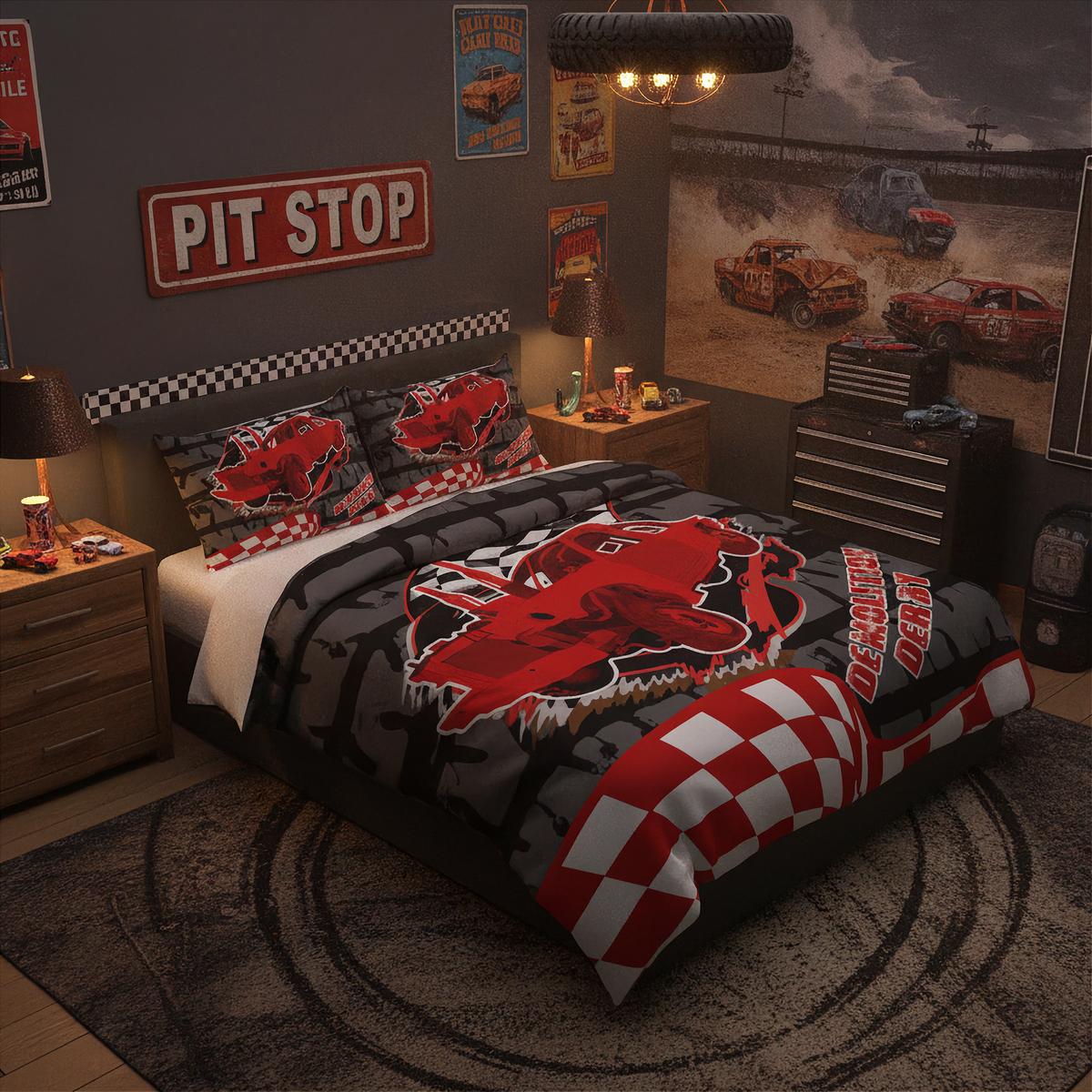 A racing-themed bedding set displayed on a bed in a styled bedroom. The set includes a duvet cover and two matching pillowcases featuring a large red and black horse graphic, a red and white checkered section, and 'demolition derby' text.