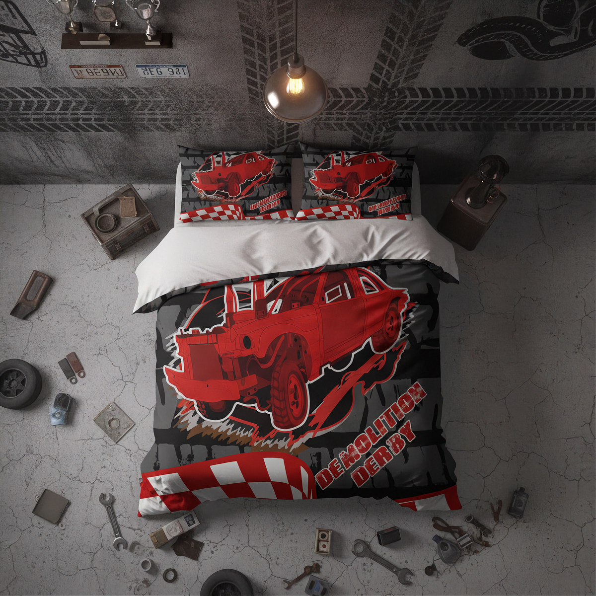 A racing-themed bedding set featuring a red race car and checkered patterns, styled in a dark, industrial-themed bedroom with concrete floors and car parts scattered around.