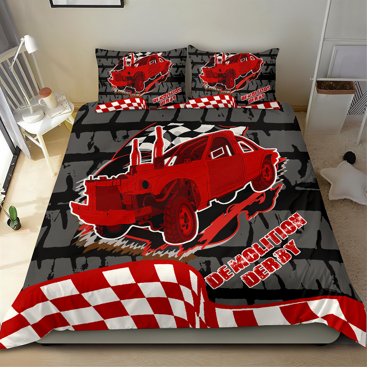 A bed dressed with a racing-themed bedding set featuring a red race car, black and gray checkered pattern, and red-and-white checkered accents. The set includes a duvet cover and two matching pillowcases with the text 'DEMOLITION DERBY'.