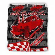 A bedding set featuring a duvet cover and two matching pillowcases with a bold graphic design of a red demolition derby car, checkered flags, and the words 'DEMOLITION DERBY' on a dark gray and black background.