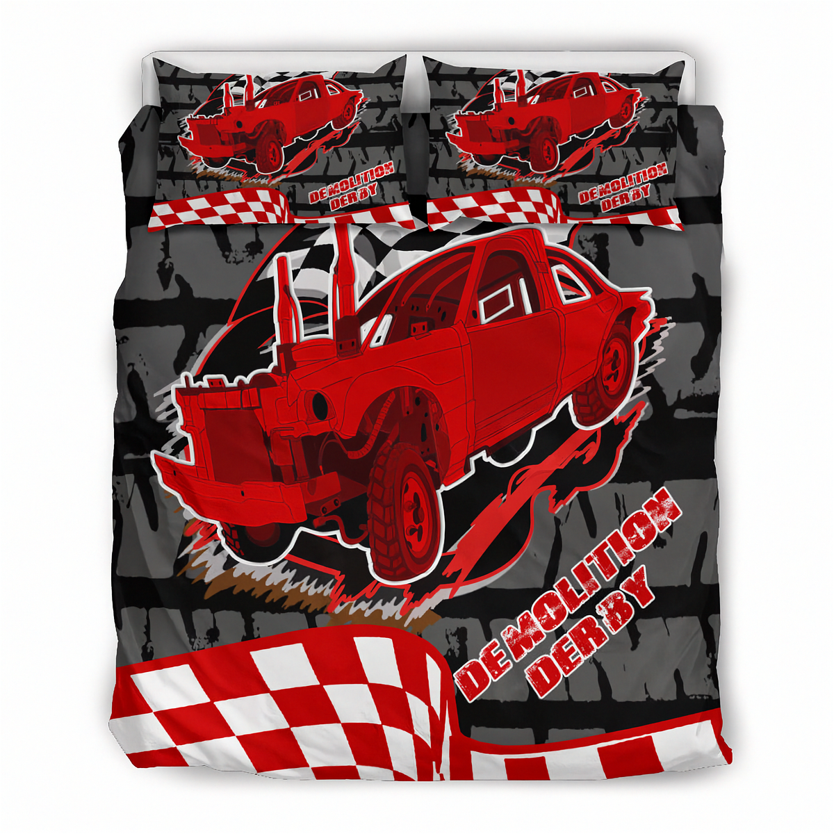 A bedding set featuring a duvet cover and two matching pillowcases with a bold graphic design of a red demolition derby car, checkered flags, and the words 'DEMOLITION DERBY' on a dark gray and black background.