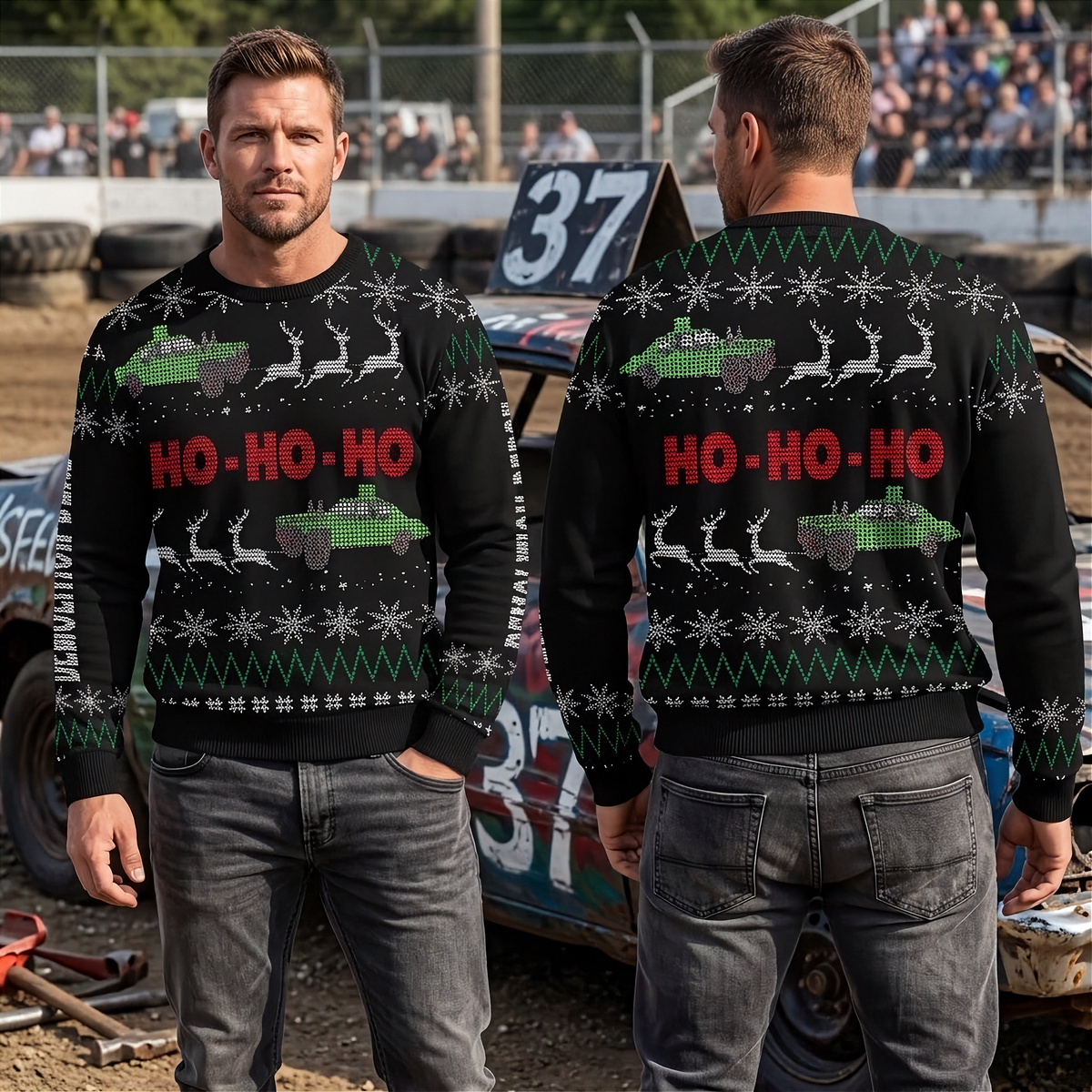 Two men modeling a black Christmas sweater with a green race car, white snowflakes, and red 'HO-HO-HO' text, shown from both front and back in an outdoor dirt track setting.