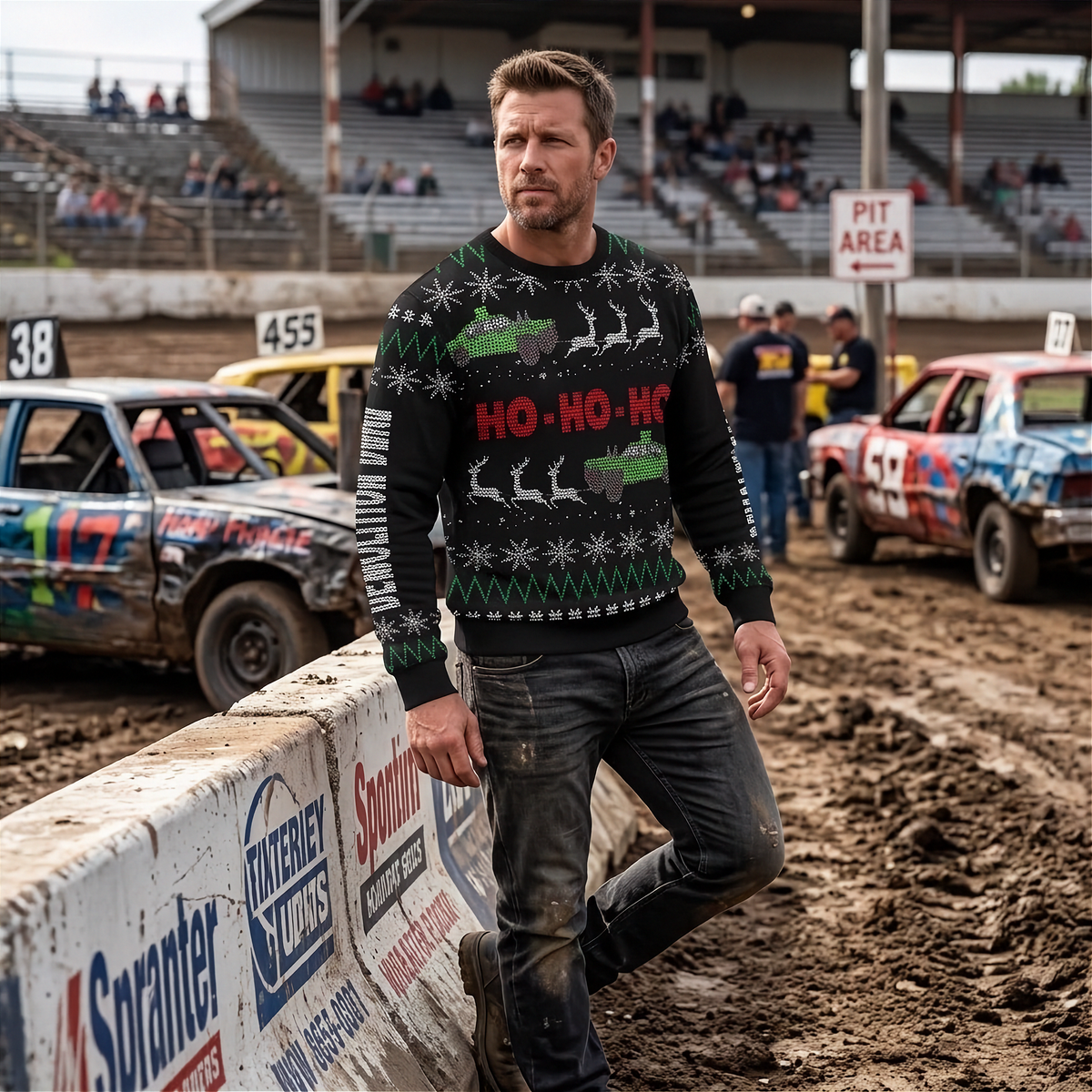 A man wearing a black Christmas sweater with green tractors and red 'HO-HO-HO' lettering stands in a dirt racing track pit area, leaning against a concrete barrier with race cars and grandstands in the background.