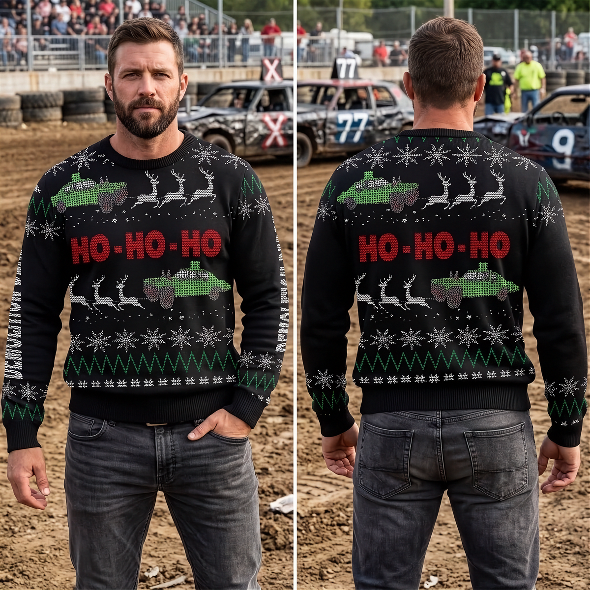 A man stands in an outdoor dirt arena wearing a black Christmas sweater with a festive pattern. The front and back views are shown side-by-side.
