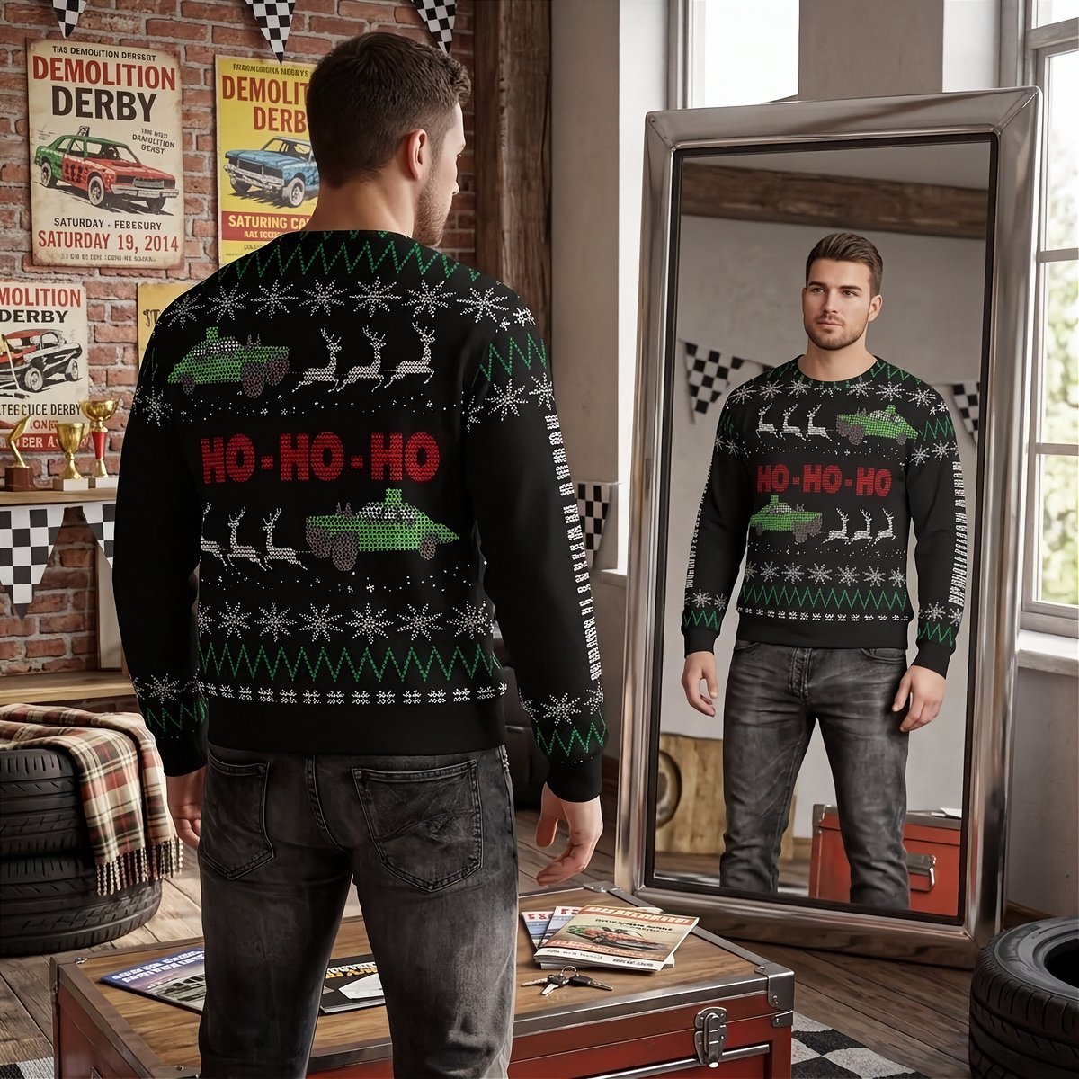 A man stands in a garage-like room wearing a black Christmas sweater with green and red holiday graphics, shown from the back while a mirror reflects his front view. The sweater features 'HO-HO-HO' text, reindeer, snowflakes, and green truck illustrations.
