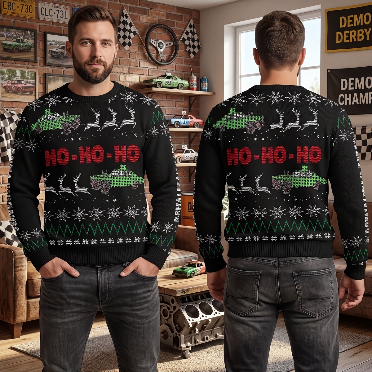A man shown from the front and back wearing a black Christmas sweater with green tractor graphics, white reindeer, snowflakes, and red 'HO-HO-HO' text, in a decorated indoor room.