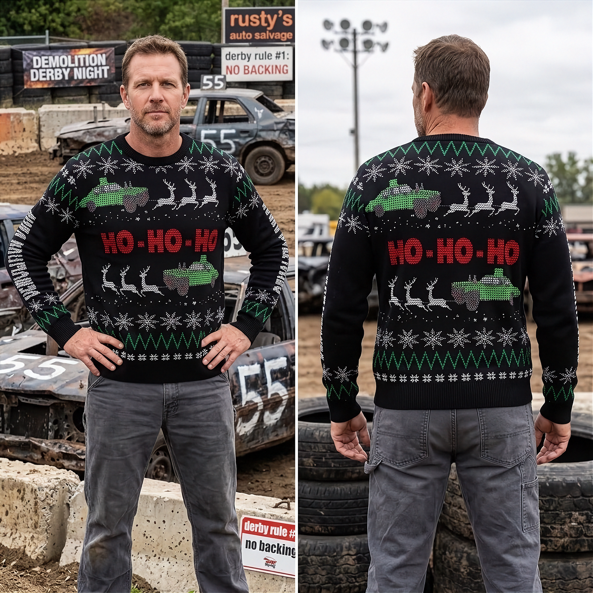 A man modeling a black Christmas sweater with green and white festive graphics and large red 'HO-HO-HO' text, shown in front and back views against an outdoor dirt-track racing background.