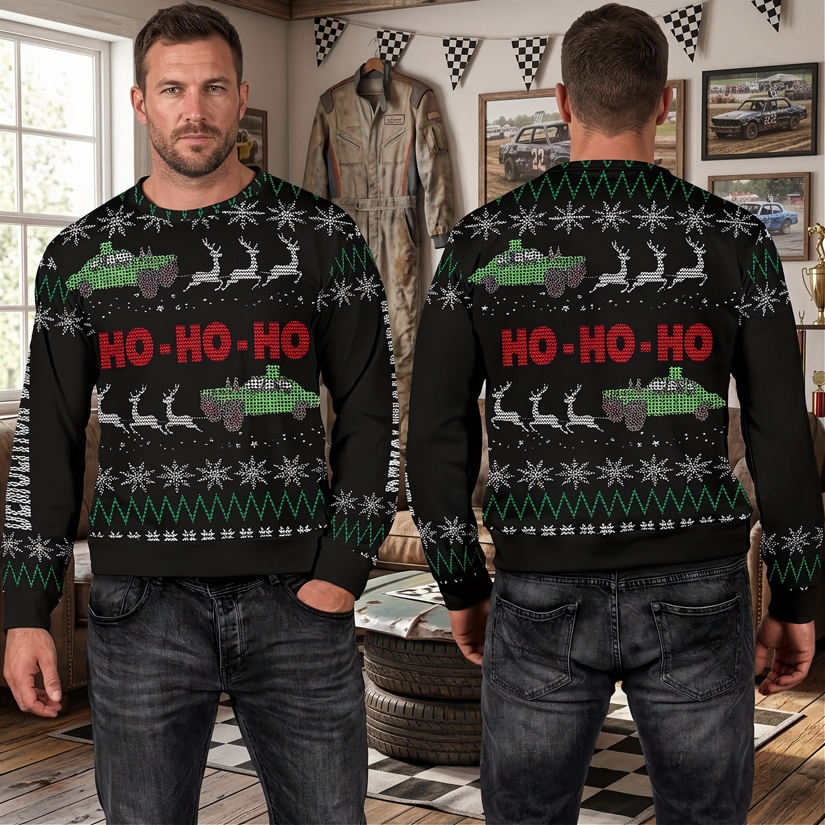 A man modeling a black Christmas sweater with a green and red holiday graphic pattern, shown from both the front and back in a garage-themed room setting.