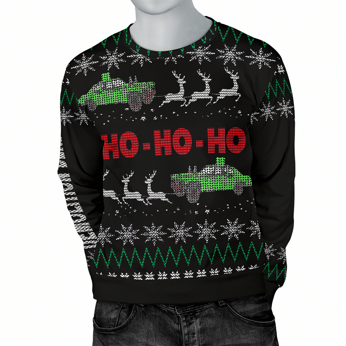 A black Christmas sweater with a festive knit pattern featuring green and white snowmobiles, reindeer, snowflakes, and red 'HO-HO-HO' text, shown on a gray mannequin torso.