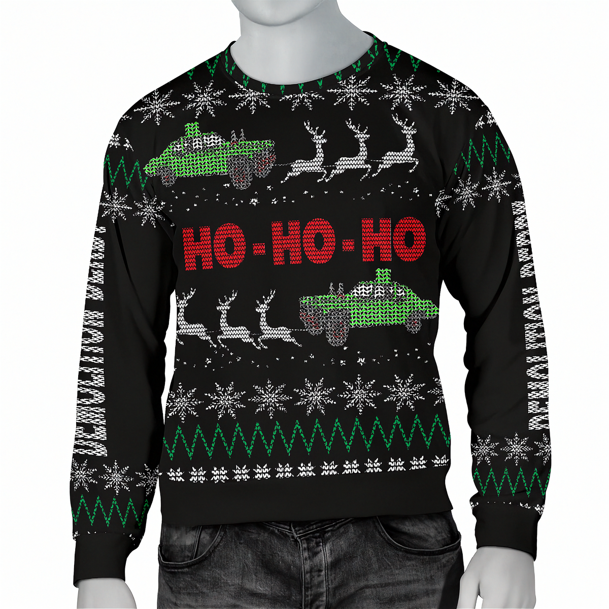 A black Christmas crewneck sweater with a festive holiday pattern, featuring green and red vehicles, white reindeer, snowflakes, and 'HO - HO - HO' text, shown on a mannequin torso.