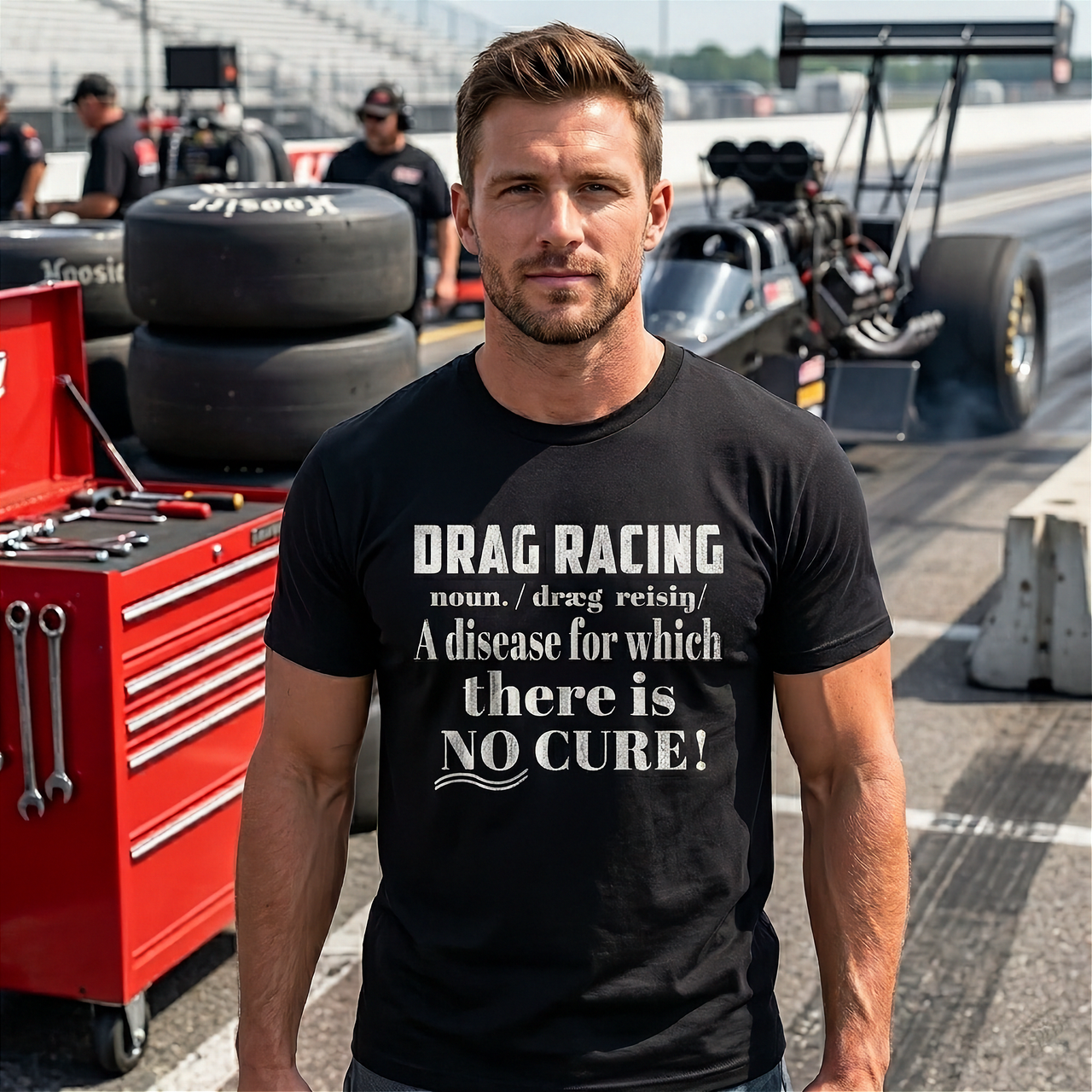Dictionary-style "Drag Racing Noun" design printed on high-quality t-shirts, tank tops, and hoodies, highlighting the definition of a true drag racing enthusiast.