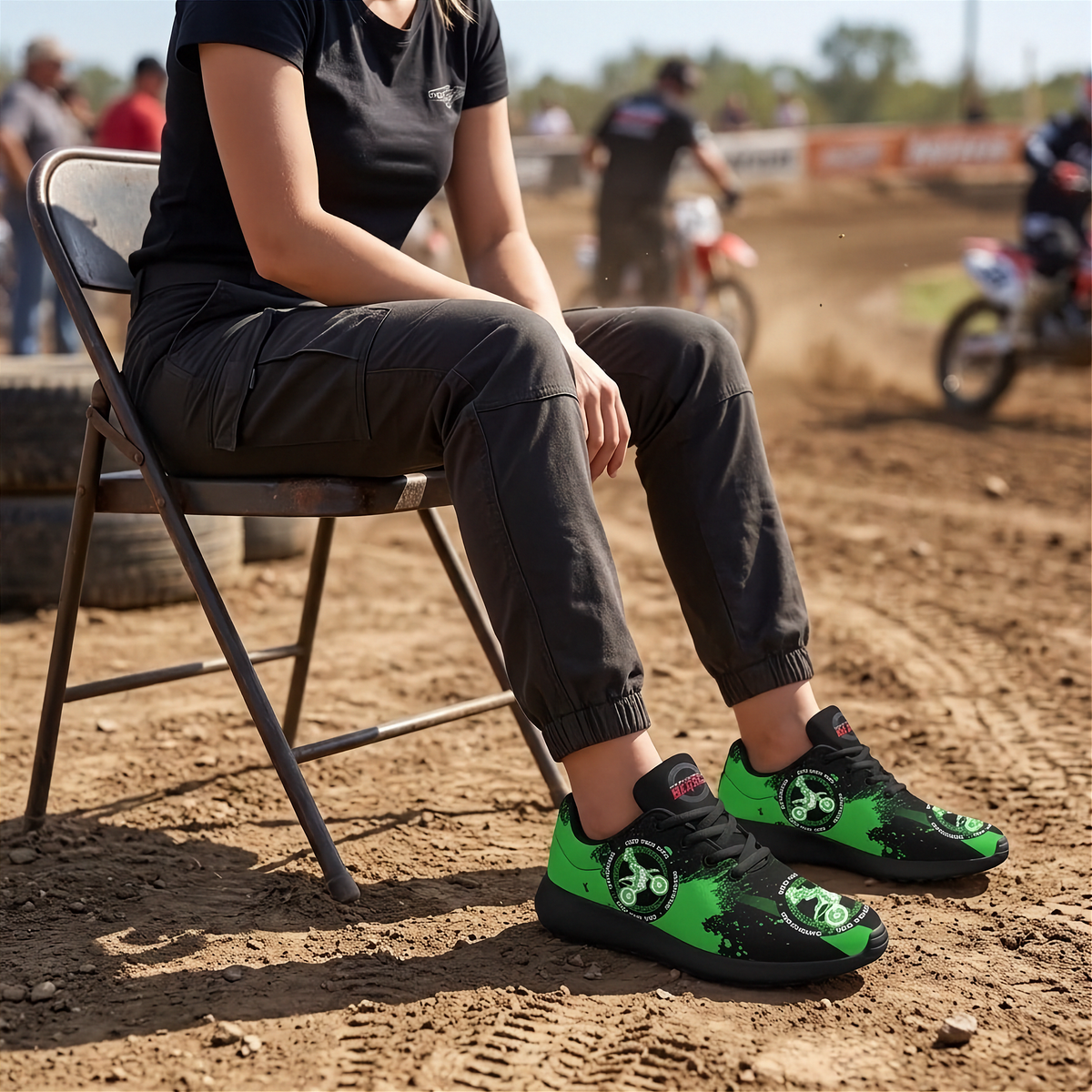 A person sitting on a folding chair at a dirt bike track wearing black and neon green graphic sneakers, black cargo pants, and a black t-shirt, with motocross bikes and a blurred track background.