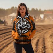 woman wearing a Dirt Bike Racing All Over Print Hoodie at a dirt bike track