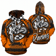 Front and back views of an orange and black pullover hoodie featuring a large dirt bike racing graphic with a rider, checkered flag elements, tire tracks, and the words 'Dirt Bike Racing' on a white background.