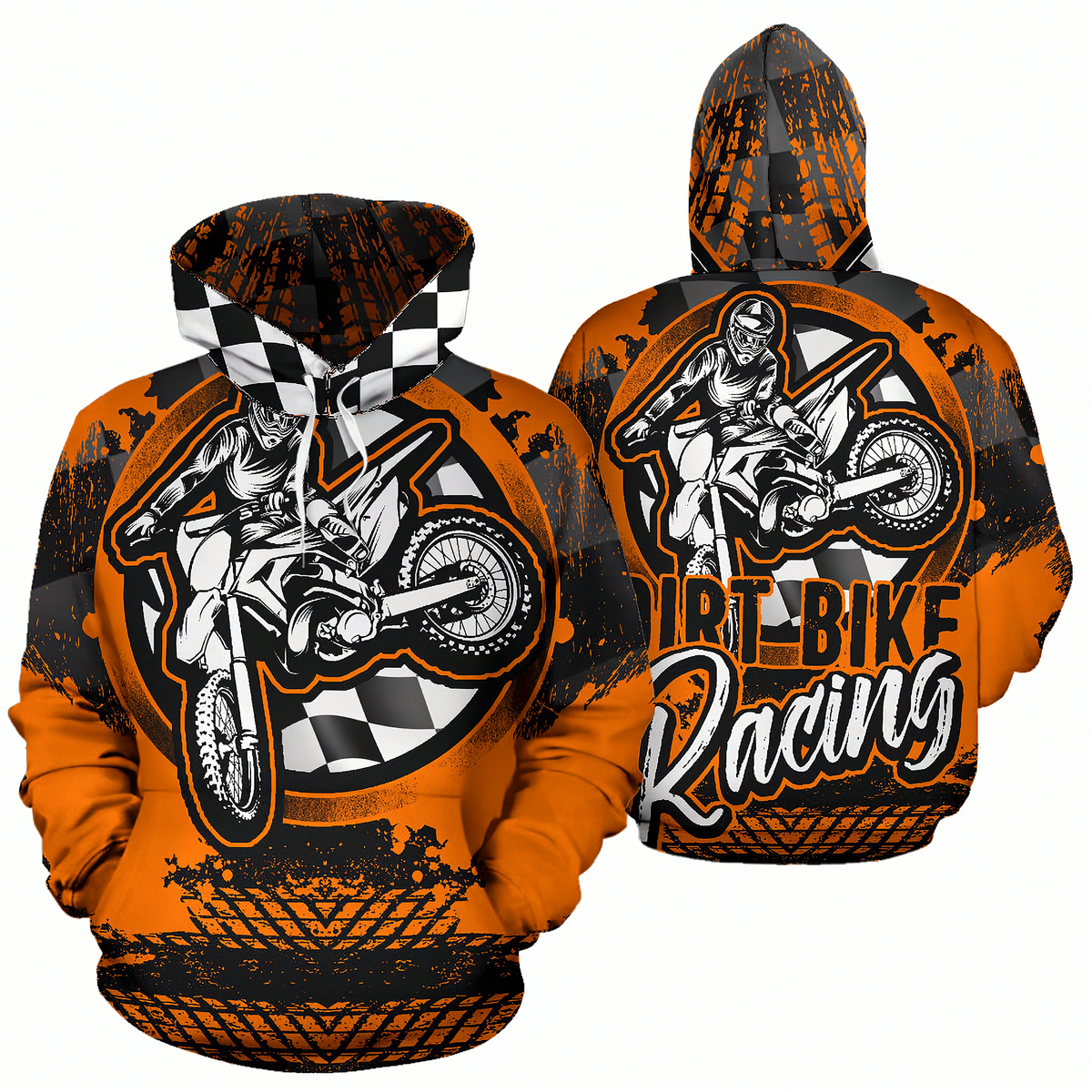 Front and back views of an orange and black pullover hoodie featuring a large dirt bike racing graphic with a rider, checkered flag elements, tire tracks, and the words 'Dirt Bike Racing' on a white background.