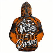 A hooded sweatshirt shown from the back, featuring a bold orange, black, and white graphic design with a dirt bike racer illustration and the words 'Dirt Bike Racing'.