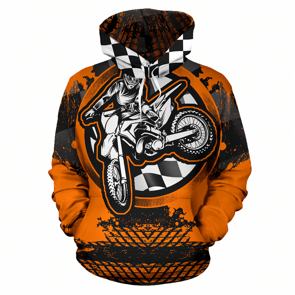 An orange and black pullover hoodie featuring a graphic of a motocross rider on a dirt bike with a checkered flag design, shown on a plain white background.