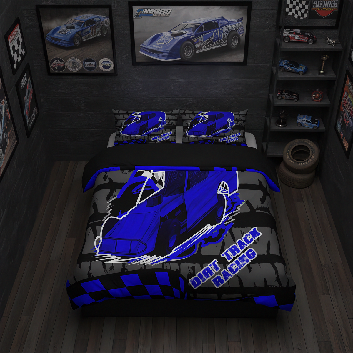 A racing-themed bedding set featuring a duvet cover and two pillowcases with a drag racing track design, checkered flags, and colorful buttons on a black background, shown on a bed in a bedroom setting.