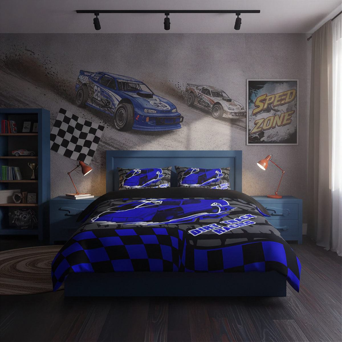 A racing-themed bedding set displayed on a bed in a styled bedroom. The set includes a comforter and two matching pillowcases featuring a blue and black checkered pattern with a blue race car graphic and 'Racing Life' text.