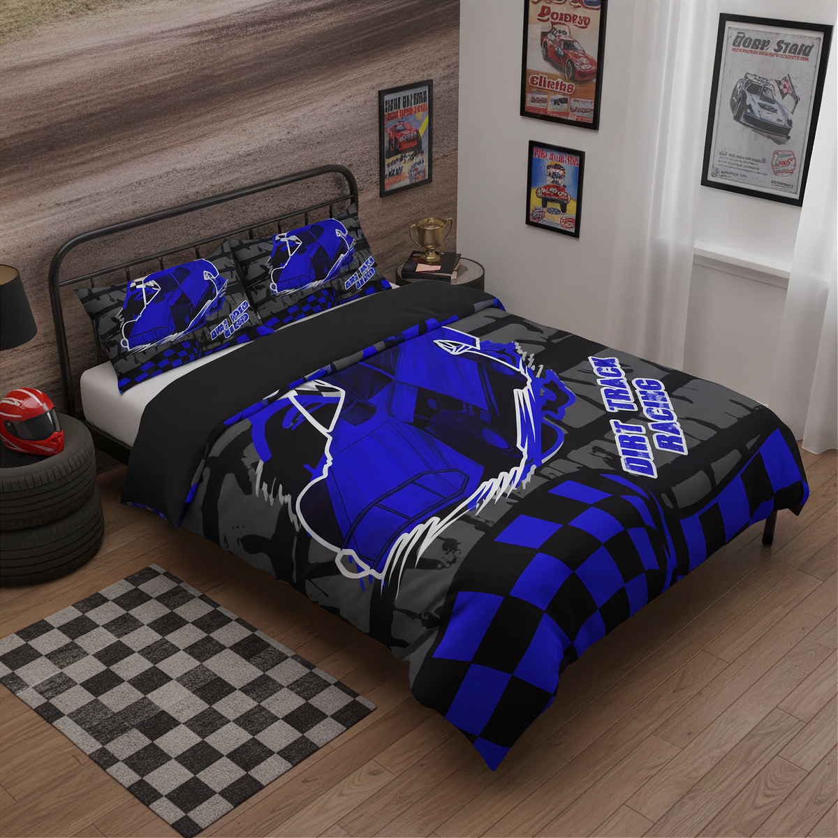 A bedding set featuring a duvet cover and two pillowcases with a drag racing theme, displayed on a bed in a modern bedroom setting. The design includes a black and white checkered pattern, green paint splatters, and colorful race lights.