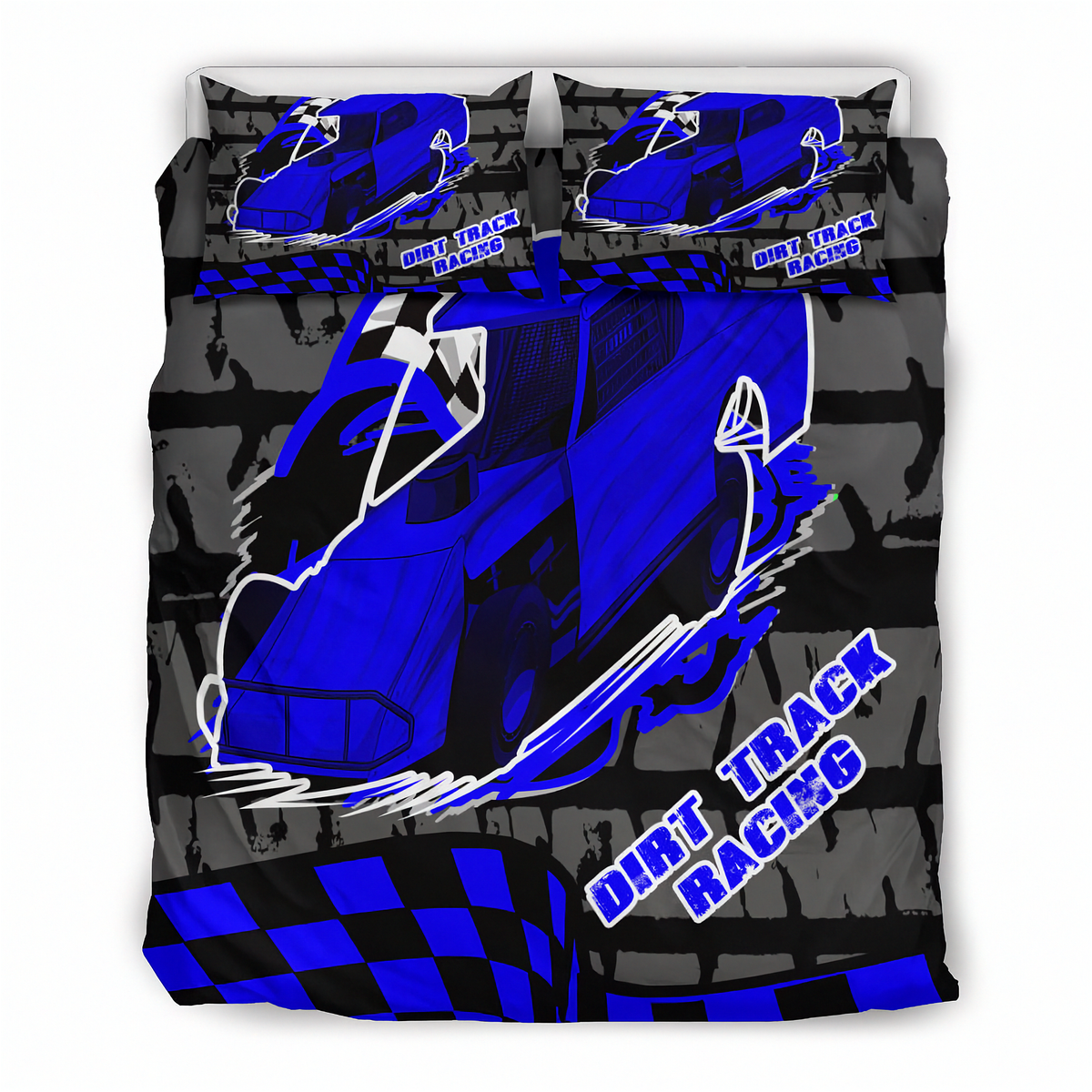 A bedding set featuring a duvet cover and two pillowcases with a vibrant blue dirt track racing car graphic on a black and gray background with checkered patterns and the text 'DIRT TRACK RACING'.